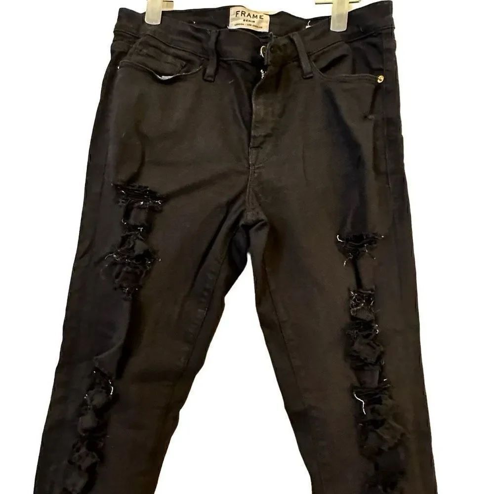 Frame Women's Distressed Denim Jeans Straight Leg Pocket Mid Rise Black Size 30